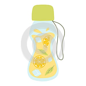 Bottle with lemonade. Cool lemonade with pieces of lemon, mint and ice.