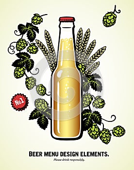 Bottle of light beer with hop branches and ears of barley or wheat. Brewery, beer festival, bar, pub design elements