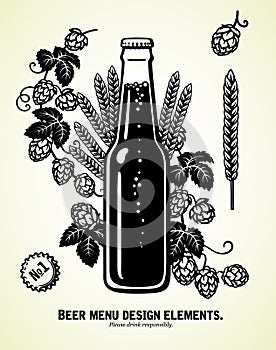 Bottle of light beer with hop branches and ears of barley or wheat. Brewery, beer festival, bar, pub design elements