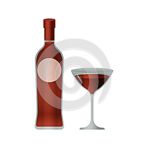 Bottle with Light Label and Glass with Liquid on White Background. Modern Vector Illustration. Social Media Ads.