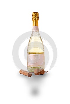 Bottle of light wine and corkscrew photo