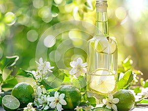 Bottle with lime slices and flowers, filled with water on table
