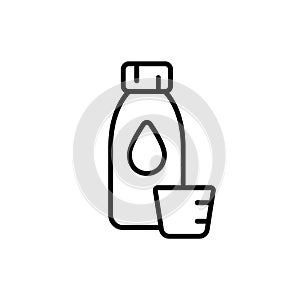 Bottle of liquid medicine with measuring cup. Vial with drop icon. Linear emblem of cough syrup, laxative, tincture. Black photo