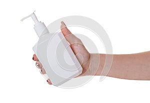 Bottle with liquid soap in hand