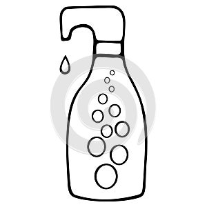 A bottle of liquid soap for hand disinfection. Vector illustration. Soap drips from the container with the dispenser.