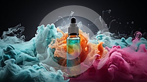 A bottle of liquid. Vaping. Flavored e-liquid. Selective focus.