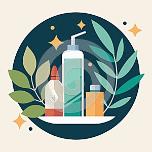 A bottle of lotion placed on top of a plate, Abstract representation of a skincare routine, minimalist simple modern vector logo