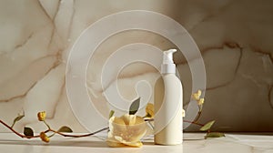 Bottle of lotion is sitting on table, surrounded by yellow flowers. The flowers are placed in front of bottle and