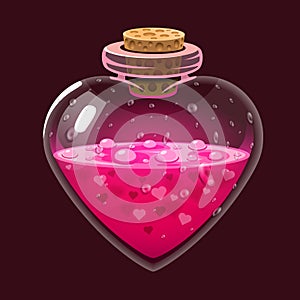 Bottle with love potion. Icon magic elixir. Design for app user interface. Design elements for Valentines day.