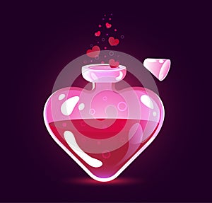 Bottle with love potion. Icon magic elixir.Design elements for Valentines day.