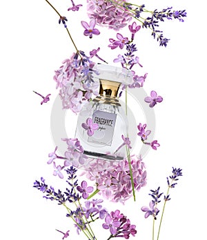 Bottle of luxury perfume and beautiful flowers on white background