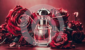 bottle of luxury perfume among roses