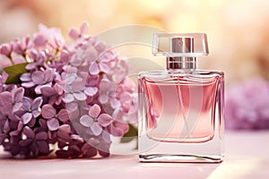 A bottle of luxury perfume surrounded by delicate flowers on a soft pastel background, close-up