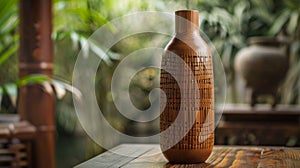 A bottle made entirely out of bamboo featuring intricate wood grain patterns. photo