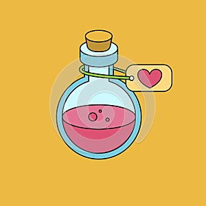 Bottle with magic elixir. Icon for game on a yellow background