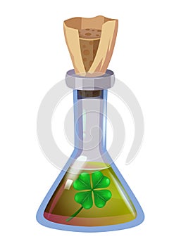 Bottle magic potion with clower. Game icon asset, glass, liquid elixir, poisine, flask, Vector illustration cartoon for