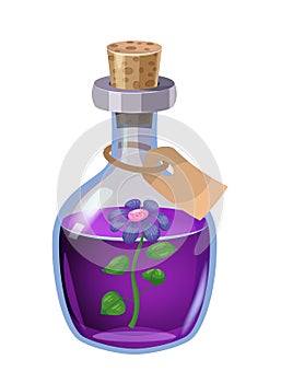 Bottle magic potion with flower. Game icon asset, glass, liquid elixir, poisine, flask, Vector illustration cartoon for