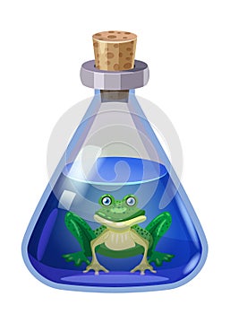 Bottle magic potion with frog. Game icon asset, glass, liquid elixir, poisine, flask, Vector illustration cartoon for