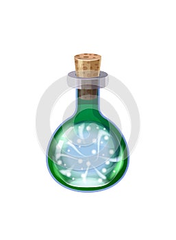 Bottle magic potion with power energy. Game icon asset, glass, liquid elixir, poisine, flask, Vector illustration