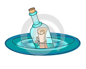 Bottle mail. Letter in a bottle - vector full color illustration. A note in an empty bottle floats on the sea. Treasure map or mes