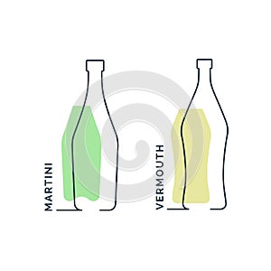 Bottle martini and vermouth continuous line in linear style on white background. Black thin outline and red fill. Modern flat