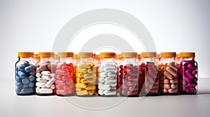 Bottle of medicine colorful pills and capsules white background