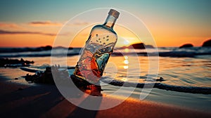 A bottle with a message inside on the beach at sunset