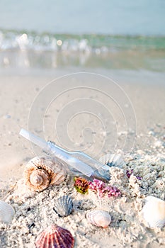 Bottle with a message or letter on the beach near seashell. SOS. Copy space.