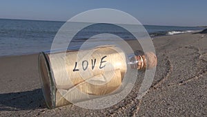 Bottle with message LOVE on the beach