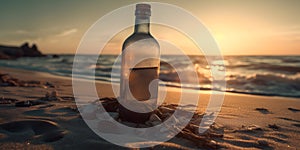 Bottle with a message in the sea at sunset