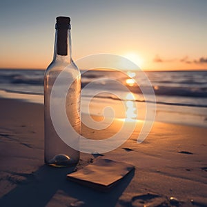 Bottle with a message in the sea at sunset