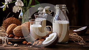 Bottle of milk with coconuts and almonds on a wooden surface,. Generated AI