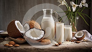 Bottle of milk with coconuts and almonds on a wooden surface,. Generated AI