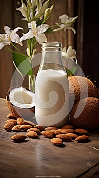 Bottle of milk with coconuts and almonds on a wooden surface,. Generated AI