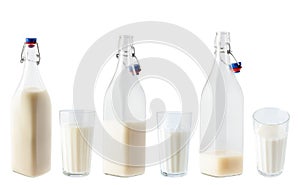 A bottle of milk, full, full half. A glass of milk. Three angles, isolated object on white background. Photo, image.