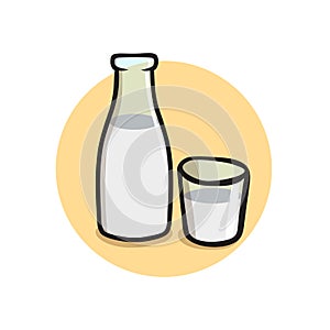 Bottle of milk and a glass. Flat vector illustration. Isolated on white background.