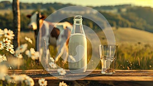 A bottle of milk and a glass of milk on a wooden table