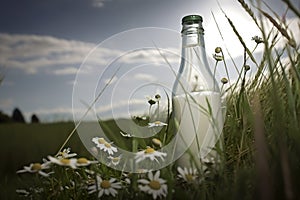 Bottle of milk on the grass with daisies in the background.