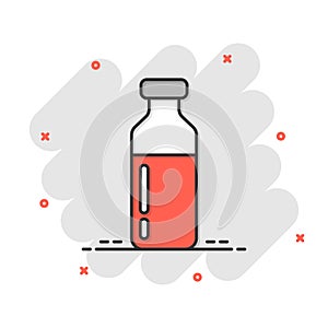 Bottle milk icon in comic style. Flask cartoon vector illustration on white isolated background. Drink container splash effect