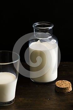Bottle of milk placed on a wooden table