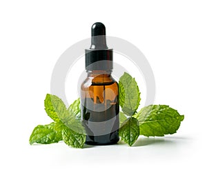 Bottle with mint essential oil and green leaf isolated on white background