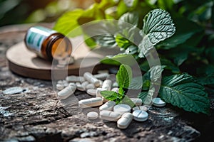 Bottle of Mint Oil Next to Pile of Mint Leaves, A juxtaposition of prescription opioids and natural pain relief methods, AI