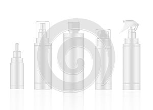 Bottle Mock up White Realistic Skincare Product Spray, Foam soap, Dropper Serum, Pump Lotion Packaging on isolated White