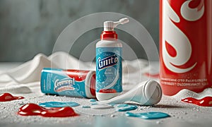 A bottle of mouthwash is on the ground with a red and white can.