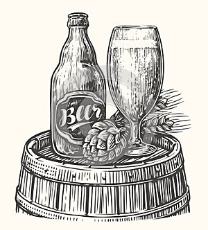 Bottle and mug of beer on wooden keg. Pub, brewery sketch. Hand drawn vintage vector illustration