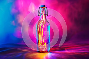 Bottle of multicolored neon lights with rainbow background