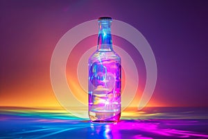 Bottle of multicolored neon lights with rainbow background