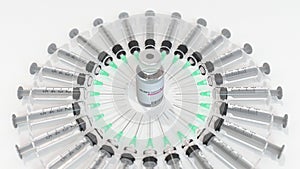 Bottle with mumps vaccine and syringes. Conceptual medical 3D animation