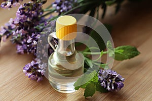 Bottle of natural essential oil, mint leaves and lavender flowers on wooden table, closeup