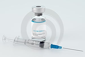 Bottle with a new, modern single-component vaccine against the coronavirus CAVID-19 SARS-CoV-2. A syringe filled with an